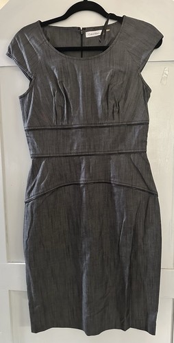 VETEMENTS Abito Calvin Klein Tg 6 Grigio Scuro Denim Look Chambray Cerniera Accenti Lunghezza Ginocchio