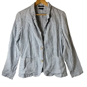 TAHARI 100% Linen Jacket Women’s Sz Large Striped Blazer Lightweight Summer Blue - Picture 1 of 11