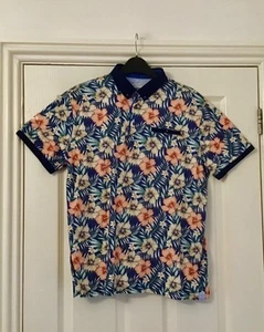 Mens Giordano blue floral Hawaiian Cotton Polo Shirt, Modern Fit, Size M - Picture 1 of 8