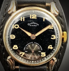 🇨🇭 GUSTONIA Swiss 16J Segunda Guerra Mundial Estilo Militar Esfera Negra Asas de Oficial de Lujo - Imagen 1 de 13