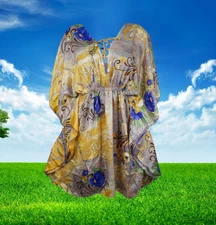 Summer Kaftan Boho Chic Recycle silk Yellow Printed Caftan, M-XL One Size