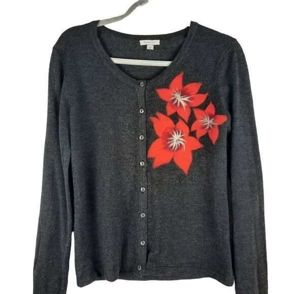 Cárdigan suéter de lana merino gris con botones floral granate Hill talla S para mujer Foto 1 de 4