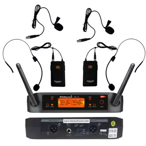 Microfono wireless UHF Lavalier Lapel Mic doppio ricevitore CH trasmettitore auricolare - Foto 1 di 11