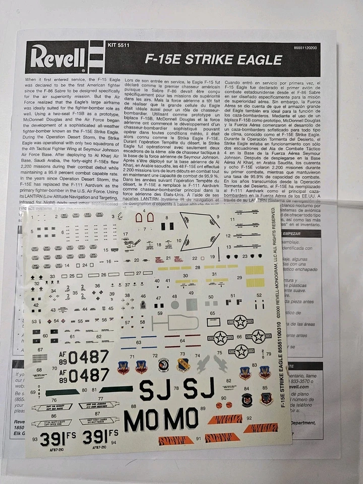 Revell #5511 2000 USAF F-15E Strike Eagle - 1/48 calcomanías e instrucciones solamente Foto 1 de 2