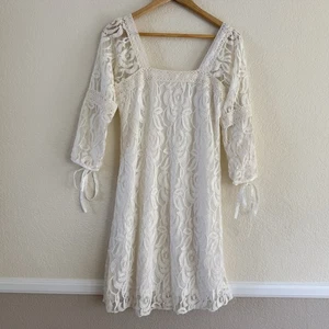 Solitär Häkel Minikleid Damen kleiner eckiger Ausschnitt 3/4 Arm Boho Vintage - Bild 1 von 15