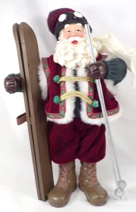 Santa Claus Figure Skis Poles Goggles Red Velvet Suit 11in Made China Nice - Picture 1 of 10