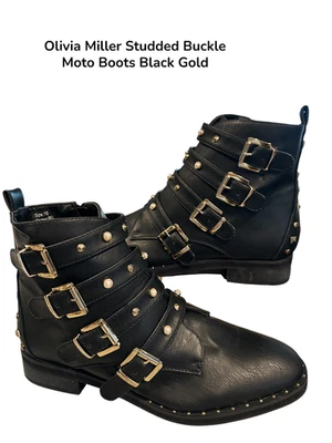 Olivia Miller Black Studded Buckle Moto Boots Women’s 10 Faux Leather Punk Rock - Image 1 of 4