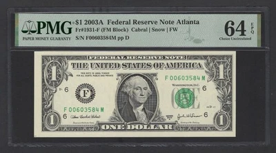 United States-Federal Reserve 1 Dollar 2003A Fr#1931-F (FM Block) UNC Grade 64 - Image 1 of 2