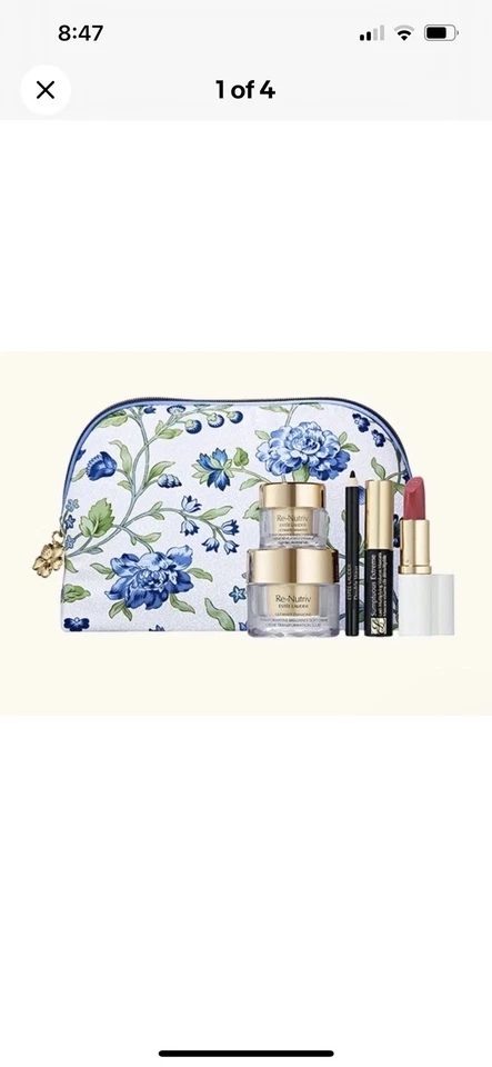 Juego de 5 piezas de regalo/viaje Estee Lauder 2025 con bolsa azul y blanca Foto 1 de 4