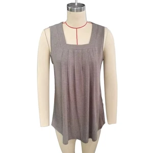 Taupe Brown S Women Tank Top Front Pleated Trim Loose Fitting Pure Color Sum GDM - Picture 1 of 3