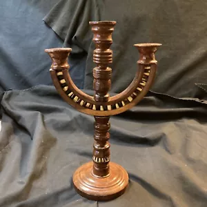 Vintage Candelabra 3 Arm Candlestick Carved Wood Poland Folk Art MCM 11.5” - Picture 1 of 12