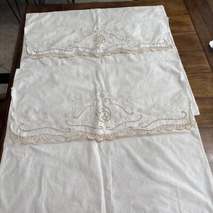 Vintage, Hand Embroidered Euro Sham Cutwork, Crochet Set Of 2 - Picture 1 of 6