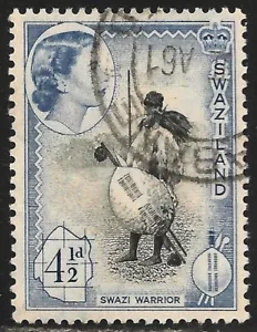 Swaziland #59 (A5) VF USED - 1956 4 1/2p Warrior and Queen Elizabeth II - Picture 1 of 1