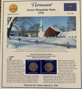 2001 Vermont BU P&D Postal Commemorative Society Statehood Quarters & Stamps - Picture 1 of 2