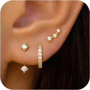 Gold Stud Earrings Set for Women, 3 Pairs Huggie Hoop Jacket Studs Earring Stack - Picture 1 of 12