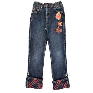 Vtg Apple Bottoms Girls Jeans 6X Denim Pants Red Plaid Cuff Patches 22-26"x21" - Picture 1 of 15