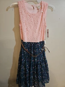 NWT Knit Works girls Size 16 Pink Two Tone Floral Dress With Belt &Necklace  - Picture 1 of 13