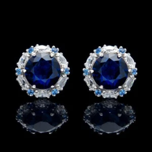 2.0Ct Round Cut Blue sapphire screw Back Stud Earring's 14k White Gold Plated - Picture 1 of 5