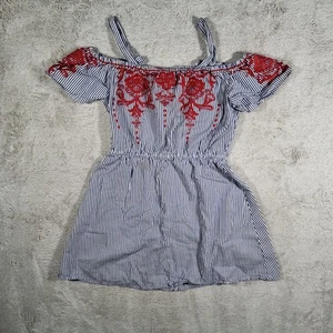 Francesca Mi Ami Kleid Damen mittelblau gestreift mit roter Blumenstickerei - Bild 1 von 7