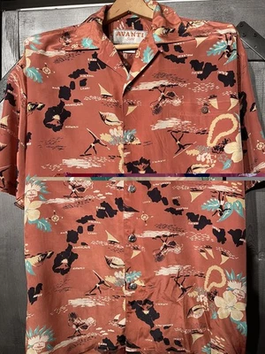 AVANTI Silk Hawaii Life  Aloha Large Aloha Hula Surfers Fishing Shirt Map.   - Image 1 of 4