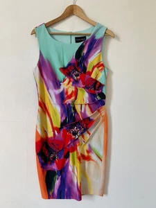 Frank Lyman Dress Size 12 Knee Length Bodycon Colourful Sleeveless Ruche Crusie - Picture 1 of 10