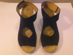 Schwarze Samt Knöchelriemen Sisal Keilabsatz Sandalen Größe 7 Spanien 38 - Bild 1 von 5