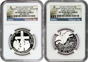 2016 2 Coin Set 10 & 5 Euro Proof .925 Fine Silver Vatican NGC PF70 ER - Picture 1 of 3