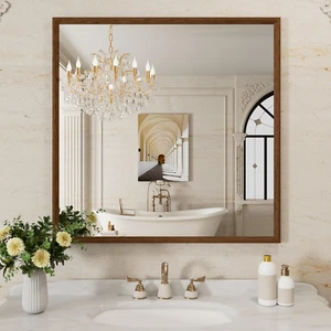 Bathroom Mirror 36X36 Inch, Walnut Wood Grain Framed Mirror, Rectangle Bathroom - Picture 1 of 6