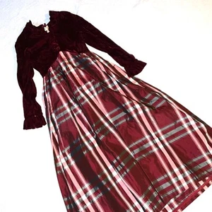 True Vintage 70s DRESS  size 8 burgundy velvet plaid regency Emma Bridgerton - Picture 1 of 13