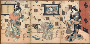 Rara antica [3 qty] xilografia giapponese stampe Toyokuni c. 1848 - 1851 trittico - Foto 1 di 10