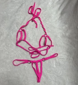 Neon pink tie harness bra & thong with hardware detail set size small - Picture 1 of 6