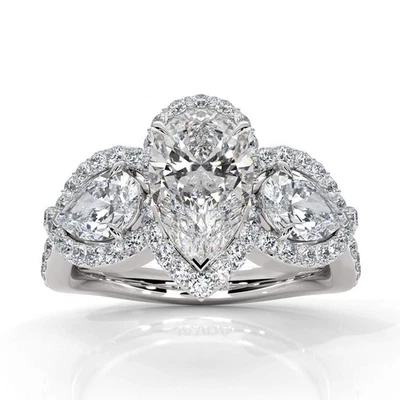 Conjunto de 3 piedras halo pavé pera diamante anillo de compromiso vástago cruz GIA H VS1 5,18 quilates Foto 1 de 4