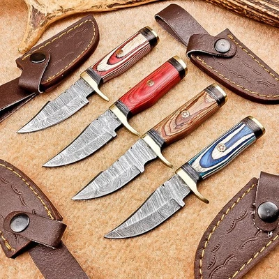 4 Pcs Damascus Blade Skinner Knives Set | 6" | Hard Wood, Leather Sheath IT-2887 - Image 1 of 4