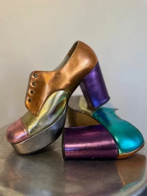 Plataformas de roca glamurosa bloque de color de cuero metálico DiOrsini años 70 raras de colección - discoteca Foto 1 de 4
