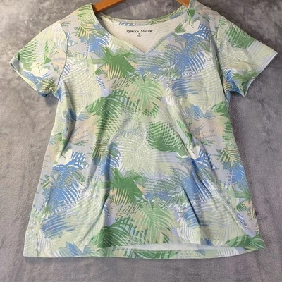 Rebecca Malone Womens Palm Print VNeck Top M Green Blue Tropical Casual Everyday - Image 1 of 4