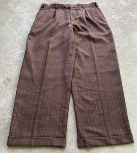 VTG Men’s Baggy Wide Pleated Brown Check Suspender Flannel Pants 38x32 10.5” Leg - Picture 1 of 16