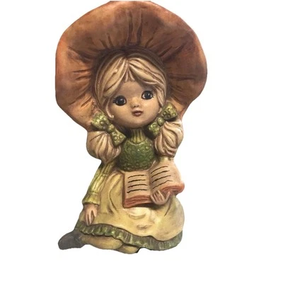 Figura Niña Big Bonnet Años 70 Kitsch Rubia Naranja Verde Cerámica Estatua Lectura Foto 1 de 4