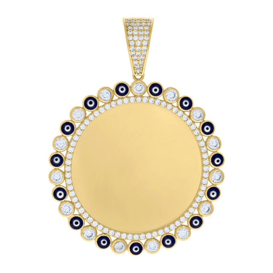 Pingente amuleto moldura foto olho mau esmalte zircônia cúbica ouro amarelo 10K 9,1 gm - Imagem 1 de 1