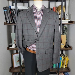 Tasso Elba Men's Sport Coat Gray Herringbone Plaid Poly Wool Size Large 42-44 - Picture 1 of 16