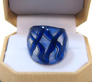 Anillo grueso azul cobalto suelto a cuadros lámina de plata vidrio soplado a mano talla 7,5 - Imagen 1 de 4