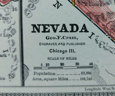 Mapa NEVADA 1884 11"x13" ~ Antiguo Antiguo Original CARSON CITY VIRGINIA CITY Foto 1 de 4