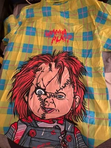 Universal HHN Halloween Horror Nights 2023 Yellow Chucky Button Down Shirt LARGE - Picture 1 of 2
