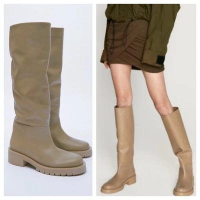 NUEVO CON ETIQUETAS Botas hasta la rodilla planas de cuero Zara talla 5 arena topo minimalista blogger favoritas Foto 1 de 4