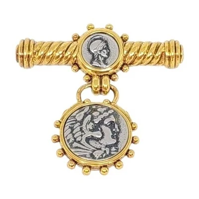 Roman Revival Gold and Silver-tone Julius Caesar Coin Bar Brooch - Image 1 of 3