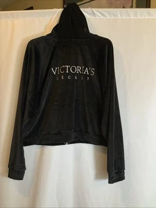 NWT Victoria's Secret Velour Shine Logo Full-Zip Crop Hoodie Black XL #0512 - Picture 1 of 12