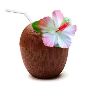 6 x Plastic Coconut Shaped Cups & Drinking Straws Hawaiian Party Cocktails - Picture 1 of 2