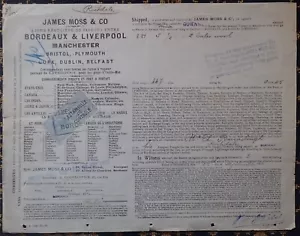 JAMES MOSS & CO~BILL oF LADING-STEAMER "GUIENNE"~BORDEAUX~1902~~ - Foto 1 di 2