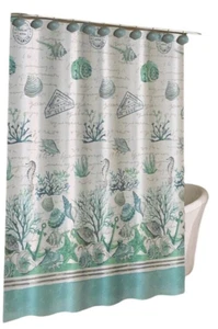 Caribbean Joe Coastal Cloth Shower Curtain and 12 Shell Hooks Salt Sand Sea - Picture 1 of 12