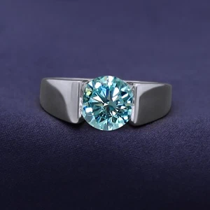 4.00 Ct Round Blue Moissanite Men's Engagement Ring In 14K White Gold Plated - Picture 1 of 6