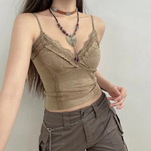 Cuello Grunge Cami Top Mujeres Encaje Ribete Lindo Años 2000 Caqui Gamuza Sin Mangas V - Imagen 1 de 9